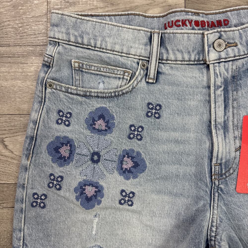 Lucky Brand 90s Midi Jean Shorts Frayed Hem Embroidery Light Wash sz 10/30 - Picture 2 of 7